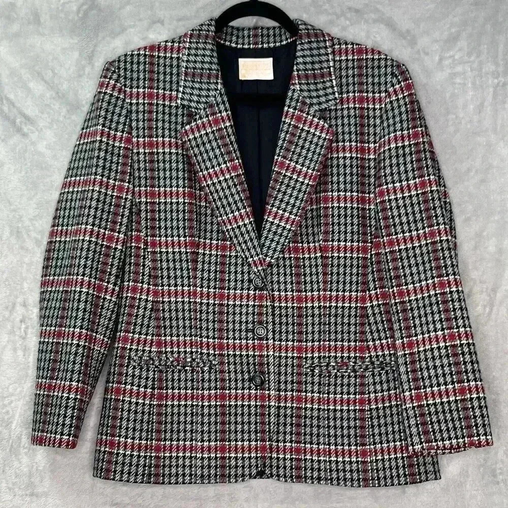 Vintage Pendleton Blazer Black Red‎ Plaid Virgin Wool 3 Button Classic Size 10
